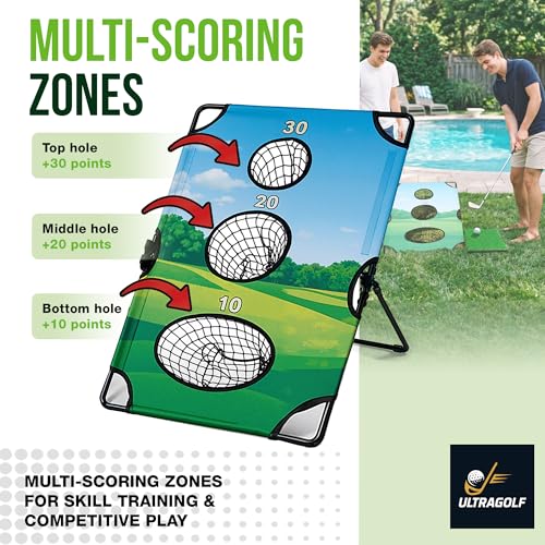2-in-1 Golf Cornhole Chipping Game Set for Adults, Families and Golf Lovers – Foldable Yard Game with Targets, Non-Slip Mats, Balls, Stakes – Portable Outdoor Lawn and Backyard Simulator