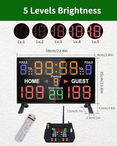 LUCKY TIME Basketball Scoreboard with Shot Clock, 12/14/24/30/25/60 Seconds, Upgraded Thickening Digital Scoreboard with Remote, Battery Powered Electronic Scoreboard for Indoor Outdoor - style: Single-Sided (Console Control)