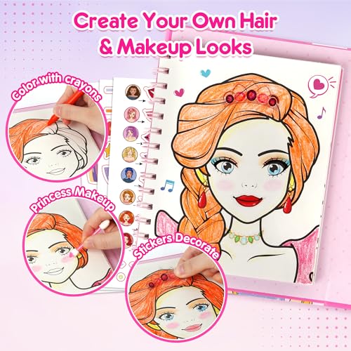 Mocoosy Makeup Art Craft for kids Ages 4-8, Pretend Play Makeup Coloring Activity Book with Stickers, Fashion Design Sketchbook, Travel Game Airplane Car Road Trip Toy Birthday Gift for Girl 5 6 7 8 9