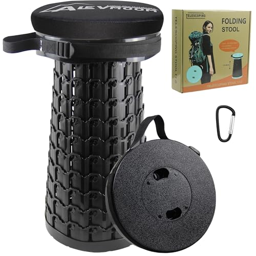ALEVMOOM Telescoping Stool with Thick Cushion, H18.1“ D10.24” Collapsible Retractable More Sturdy Capacity 600Ib, Portable Camping Adjustable Folding Stool for Garden Fishing Hiking Mountain BBQ - color: Black