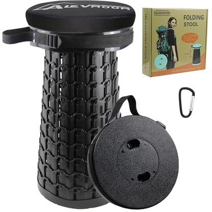 ALEVMOOM Telescoping Stool with Thick Cushion, H18.1“ D10.24” Collapsible Retractable More Sturdy Capacity 600Ib, Portable Camping Adjustable Folding Stool for Garden Fishing Hiking Mountain BBQ - color: Black