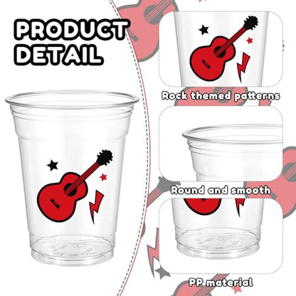 Newtay 60 Pcs Rock and Roll Cups Bulk 12oz Guitar-themed Plastic Cups with Lids Straws Retro Music Party Favors for Birthday Baby Shower Music Parties Decorations - style: Rock