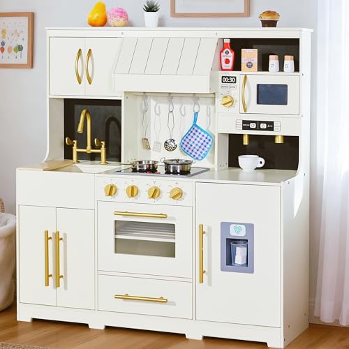 inFUNSAME Wooden Play Kitchen for Kids with Lights and Sounds,19 Accessories,Modern Design Upgraded Interactive Pretend Toddler Toy Kitchen PlaySet, Gift for Boys & Girls Ages 3+ (Cream White) - color: Cream White