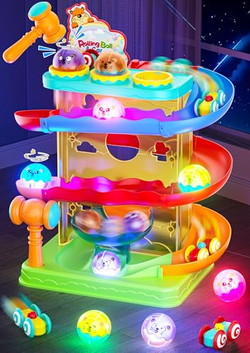 2-in-1 Rolling Ball & Car Ramp Race Track for Toddlers, Hammer Ball Drop Toy for Boys & Girls, Interactive Playset w/Sensor Lights - Montessori STEM Learning Toys for Kids 1-5+ Year Old - color: Blue + Red + Orange + Green