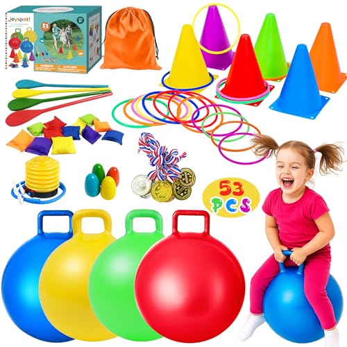 JOY SPOT! Carnival Outdoor Games Combo Set for Kids, 18 Inch Hopper Balls with Handles, Ring Toss, Bean Bags, Egg Spoon Relay Race, Fun for Backyard, Field Day, School, Birthday Parties, Family Events - style: Deluxe
