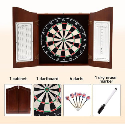 GSE Games & Sports Expert Professional Solid Wood Classic Dartboard Cabinet with Sisal/Bristle Dartboard, Scoreboard, and 6 Steel Tip Darts, Easy Assembly Complete with All Accessories (Deluxe Walnut)