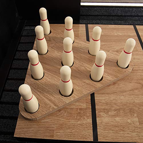 American Legend Kirkwood 9’ Shuffleboard Table with LED Rails, Bowling Game Set, Rustic Wood Finish & Accessories Included