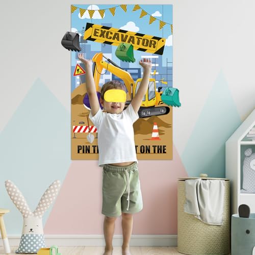 Hooqict Pin The Bucket on The Excavator Construction Party Games for Kids Birthday Pin the Games Construction Party Decorations Supplies, Large Excavator Poster with 32 Stickers - style: Excavator