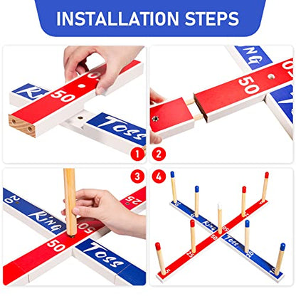 Indoor Outdoor Toys Games Upgraded Large Wooden Ring Toss Game Yard Games for Kids, Lawn Outdoor Games for Family with 10 Plastic Ring and 10 Ropes,1 Carry Bag