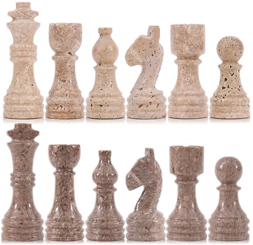 Marble Chess Pieces 3.5 Inch Travertine and Oceanic Stone Chess Figures for Chess Board - Classic Board Games for Adults, Gifts, Draughts & Travel - Strategy Game for Table Decor - color: Travertine & Oceanic