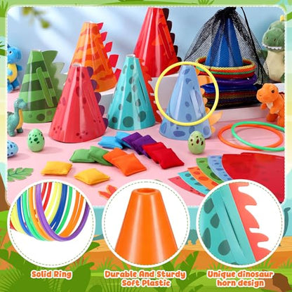 RoundFunny 12set 3 in 1 Ring Toss Game Set, Carnival Game Kit with Cones, Rings, Bean Bags & Storage Bag, Includes 12 Dinosaur Card Sets for DIY Toss Games, Birthday Party, Easter, Carnival - style: Dinosaur