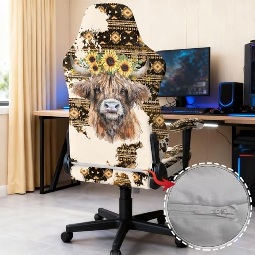Highland Cattle Print Gaming Chair Covers Slipcovers Aztec Sunflower Print Game Chair Cover with Armrest Covers Skin Friendly Breathable - color: Brown - Highland Cattle Aztec Sunflower