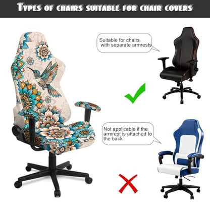 Hummingbird Print Gaming Chair Covers Slipcovers with Armrest Covers Boho Mandala Flower Print Office Desk Chair Cover Scratch Proof Anti-Dust Universal Fit - color: Brown - Hummingbird Boho Mandala Flower