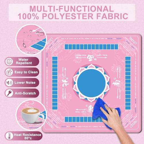 LZSIG Mahjong Mat with Rules 33×33", 3mm Thickened Anti-Slip American Mahjong Table Mat with Portable Carry Bag, Durable Stitched Edges, No Creases, Noise Reduction Rubber Board Game Pad, Gift - color: Pink