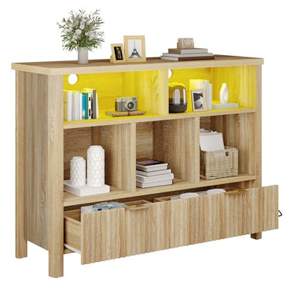 YITAHOME Bookcase with Drawers, Fluted Wood Cubby Storage Organizer Shelf Cube Bookshelf with Adjustable LED Lighting, Modern Horizontal Bookshelf for Living Room, Office, Entryway, Oak