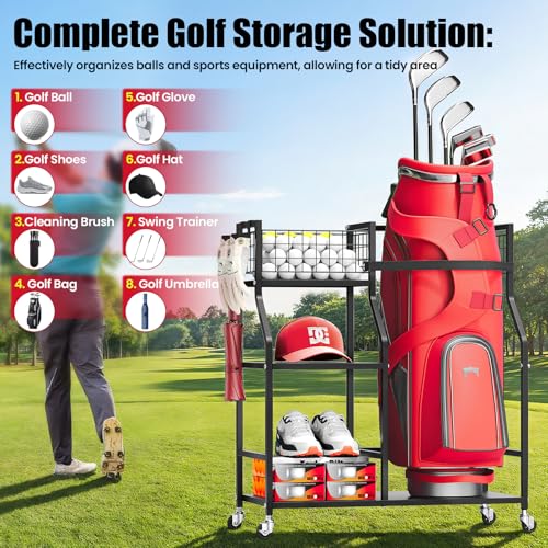 TOOLF Golf Bag Organizer, Golf Club Storage with Wheels, Sturdy Metal Golf Bag Holder Stand for Home, Garage, Outdoor, Includes 4 Storage Sections & Removable Hooks