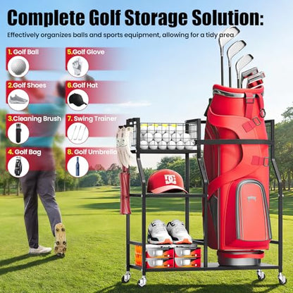 TOOLF Golf Bag Organizer, Golf Club Storage with Wheels, Sturdy Metal Golf Bag Holder Stand for Home, Garage, Outdoor, Includes 4 Storage Sections & Removable Hooks