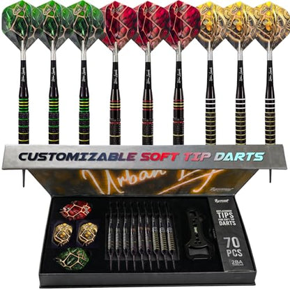 IgnatGames Soft Tip Darts Set for Electronic Dartboards, 9 Pack 18g Stainless Steel, Multi-Zone Grip, 70 Spare Tips, Magnetic Case & Companion App - color: 18g Boston Lantern