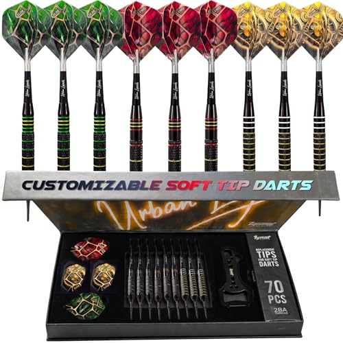 IgnatGames Soft Tip Darts, 9 Pack for Electronic Dartboards, Urban Legends | 16-18g stainless steel, multi-zone grips, 24 GlideXPro flights, 70 spare 2BA tips, magnetic case, Companion App - color: 18g Boston Lantern