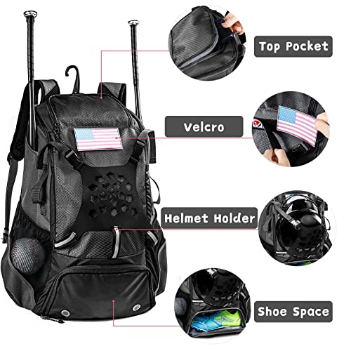 Baseball Backpack for Youth, Boys, Adults - Bat and Softball Equipment Bag With Glove Holder, Helmet, Shoes Compartment - T-Ball Accessories and Baseball Gifts - color: Black-42L