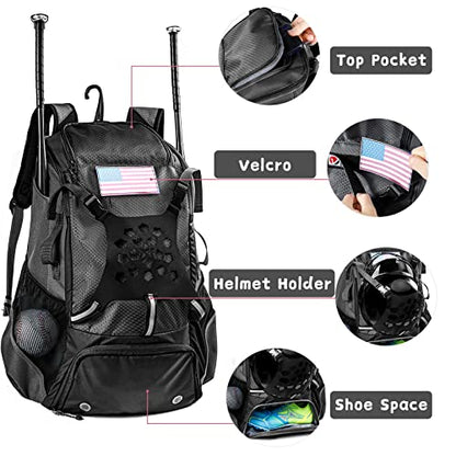 Baseball Backpack for Youth, Boys, Adults - Bat and Softball Equipment Bag With Glove Holder, Helmet, Shoes Compartment - T-Ball Accessories and Baseball Gifts - color: Black-42L