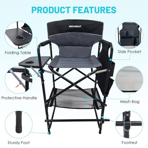 Tall Folding Director Chair 30.7" Seat Height Foldable Bar Stool for Makeup Artist Face Painting with Side Table Carry Bag and Cosmetic Bag Supports 350LBS - color: Grey-padded