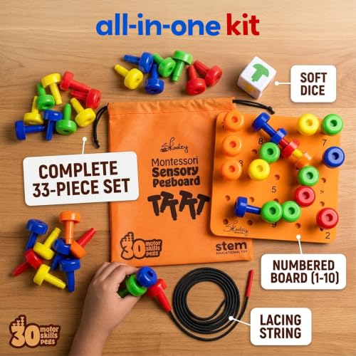 Skoolzy Peg Board Set - Montessori Toys for 2 Year Old - 33 Pc Peg Board for Kids - Occupational Therapy Toys with Pegs, Dice, Lacing String & Storage Bag - Montessori Toys for 2+ Year Old - style: Pegboard Set - 33pcs