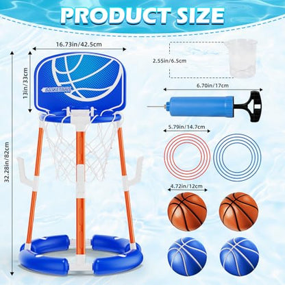 Pool Basketball Hoop with Backboard, Floating Pool Toys for 3-12 Years Old Kids Ring Game with 4 Balls 8 Rings & Pump Outdoor Swimming Pool Basketball Games Water Play Toy Family Party for Kids Adults - style: Blue with Backboard