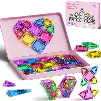 WMXDU 42-Piece Glitter Magnetic Tiles Travel Set with Pink Metal Box - Portable STEM Building Blocks for Kids Ages 3-8 Boys & Girls STEM Montessori Educational Toys for Airplane Car Rides - style: 42pcs-Pink