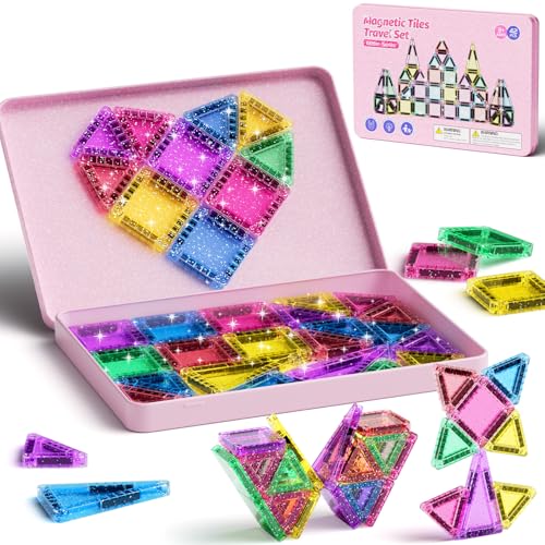 WMXDU 42-Piece Glitter Magnetic Tiles Travel Set with Pink Metal Box - Portable STEM Building Blocks for Kids Ages 3-8 Boys & Girls STEM Montessori Educational Toys for Airplane Car Rides - style: 42pcs-Pink