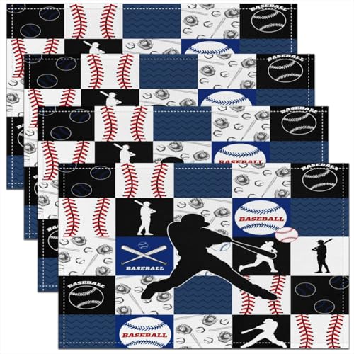 Castle Fairy Baseball Kids Placemats Set of 4,Cartoon Sports Games Table Place Mats,Abstract Geometric Grid Kitchen Decor,Blue Black Red Placemat Kitchen Table Decoration 12"x18" - color: Blue Black Red