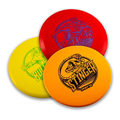 Hero Disc USA Hero 3 Disc Golf Set - Complete Set, Right Handed, Uniflex, Graphite, Red, Yellow, Green - Beginner Friendly, All Ages, All Skill Levels