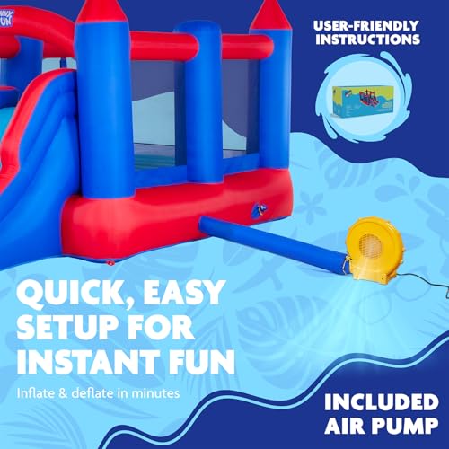 Sunny & Fun Inflatable Bouncy Castle with Dual Slide – Heavy-Duty for Outdoor Fun - Climbing Wall, Slides, Bounce House – Easy to Set Up & Inflate with Included Air Pump & Carrying Case