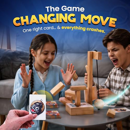 wreckingball Tower Stack Game - Ultimate Stacking Tower Game Adult & Family - Strategy Block Games for Kids & Adults - Tumbling Tower with Action Cards & Wrecking Ball - Fun Party & Block Game Set