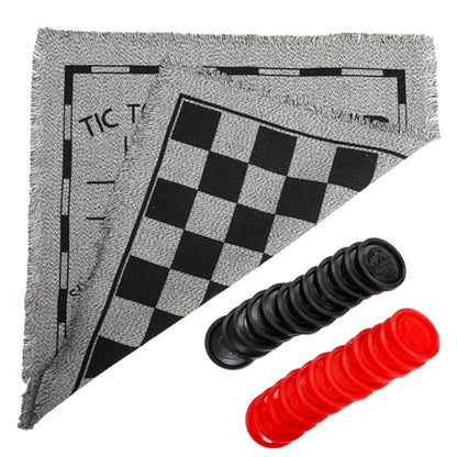 Yarlung Giant Checkers Set Tic Tac Toe Game with Reversible Rug, 3 in 1 Jumbo Checkers Game Board for Family Camping, Yard, Lawn Games, 2 Players