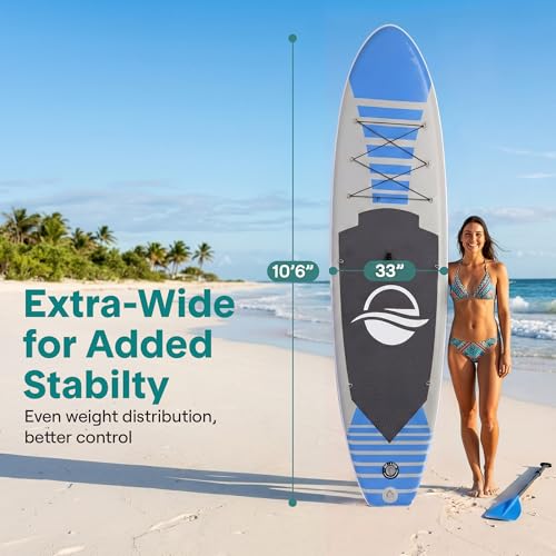SereneLife 10’6" Inflatable Stand Up Paddle Board with Premium SUP Accessories - Wide Stable Design with Non-Slip EVA Deck Pad, for Youth and Adults, 350 lbs. Capacity - color: Blue