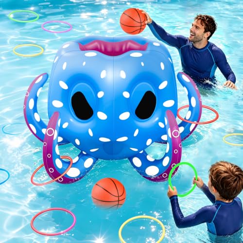 Octopus Pool Toys for Kids Ages 4-8, 8-12, 2-in-1 Inflatable Pool Floats Basketball Hoop & Ring Toss Swimming Pool Games, Summer Outdoor Water Games Beach Party Gift for Boys Girls Family - style: Octopus 2 in 1 Games