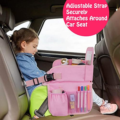 MENZOKE Kids Travel Tray, Car Seat Table Tray, Road Trip Essentials with Educational Drawing Board, Tablet Holder & Cooler Cup Holder, Travel Table for Kids Gifts in Car, Airplane, Multicoloured - color: Magic Pink