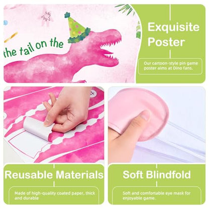 WERNNSAI Pin The Tail on The Dinosaur - Girl Dinosaur Party Decorations Pink Dino Party Games for Birthday Celebration Supplies 21" x 28" Poster with 24 PCS Tails Stickers - style: Dinosaur F 002
