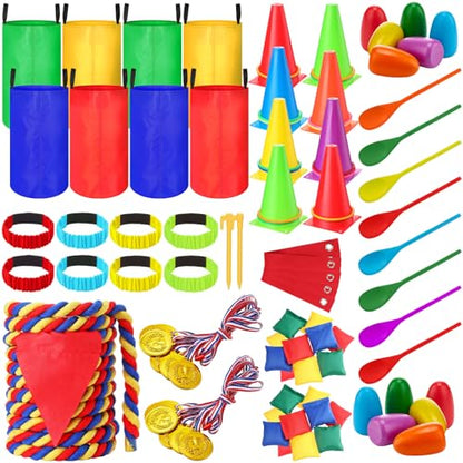 Wettarn 70 Pcs Field Day Game Set Potato Sack Race Bags for Teens Adult Egg Spoon Bean Bags Ring Toss 3 Legged Relay Race Tug of War Rope Carnival Outdoor Games