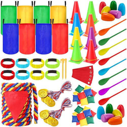 Wettarn 70 Pcs Field Day Game Set Potato Sack Race Bags for Teens Adult Egg Spoon Bean Bags Ring Toss 3 Legged Relay Race Tug of War Rope Carnival Outdoor Games