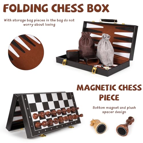 3 in 1 Magnetic Chess Set & Checkers Backgammon Board Game Set, 15" Wooden Folding Chess Board, Tournament Portable Travel Chess Set, Beginner Chess Board Game for Adults & Kids