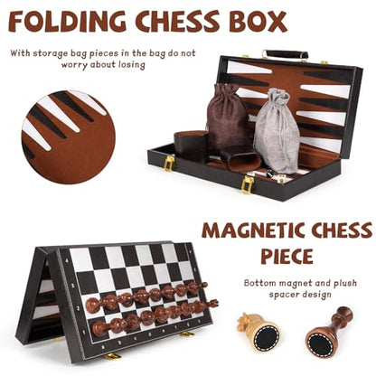 3 in 1 Magnetic Chess Set & Checkers Backgammon Board Game Set, 15" Wooden Folding Chess Board, Tournament Portable Travel Chess Set, Beginner Chess Board Game for Adults & Kids