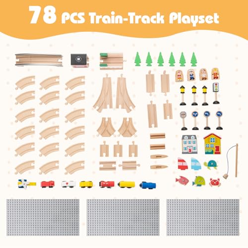 Costzon Train Table, 5 in 1 Kids Activity Wooden Set w/ 78 Pieces Railway Playset, Reversible Map Top, Blackboard, Building Bricks Station & Large Storage Space, Toddler Sensory Table for 18 M+ - size: 31" x 22.5" x 15.5" (L x W x H)