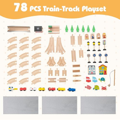 Costzon Train Table, 5 in 1 Kids Activity Wooden Set w/ 78 Pieces Railway Playset, Reversible Map Top, Blackboard, Building Bricks Station & Large Storage Space, Toddler Sensory Table for 18 M+ - size: 31" x 22.5" x 15.5" (L x W x H)