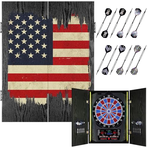 Electronic Dart Board, Electric Dartboard for Adults 8-Color LED| 12*Bronze Soft Tip Darts, for 8 Players-Rustic Dart Board Cabinet for Home & Bar (US Flag)