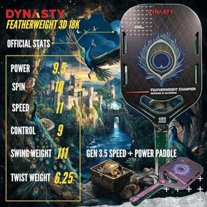 Dynasty Heavyweight/Feather T700 Triple-Layer Raw Carbon Fiber + Friction Surface 16mm Aero *Gen 3.5 All-Court Power Pickleball Paddle* / Hall of Famer 18K *Control+Spin* - color: Featherweight 3D 18K Peacock