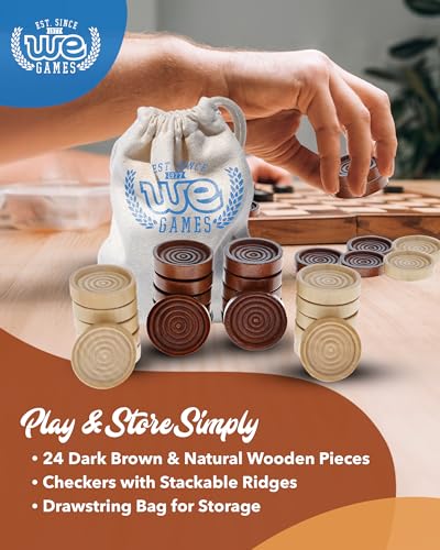 WE Games Wooden Checkers Pieces Only (1.06 inch), Checker Board Game & Backgammon Pieces, 24 Brown and Natural Stained Stackable Ridges with a Drawstring Storage Bag, Replacement Game Piece - size: 1.062 inch diameter