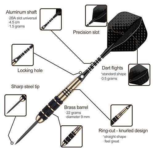 Steel Tip Darts Set for Dartboard, Professional Brass Darts Metal Tip Black Purple Aluminium Nylon Shafts 9 Flights 50 Rubber O-Rings 12 Spring Rings 1 Dart Sharpener Tool 24/27 Grams - color: 24g Black