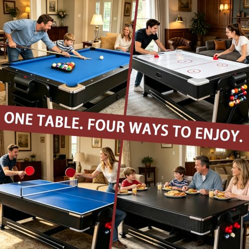 4-in-1 Multi Game Table – Pool Table,Air Hockey Table,Ping Pong Table & Dining Table Combo with Flip-Top Design,Includes Full Accessories.7ft Billiard Tables for Living Room,Bar,and Game Room.